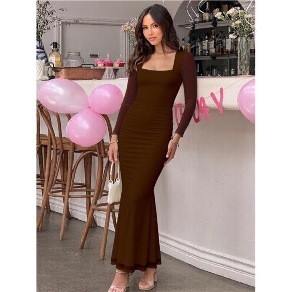 Women's Bodycon Long Sleeve Maxi Dress Coffee - Picture 4 of 5